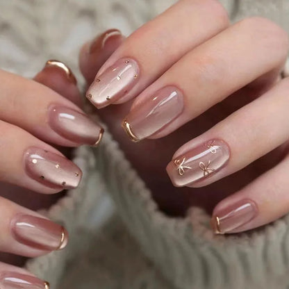 24pcs Cat's Eye Brown Fake Nails Art Fantasy Polka Dot Design Ballet Press on Nails Tips Short Square False Nail Purple Manicure