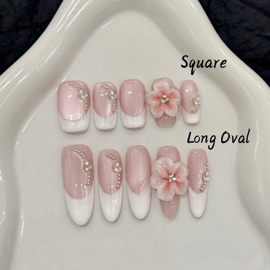 10PCS Square/Long Oval Handmade Press On Nails,Stereo Carved Cat's Eye French,Suitable For Festivals Parties And Daily Wear.