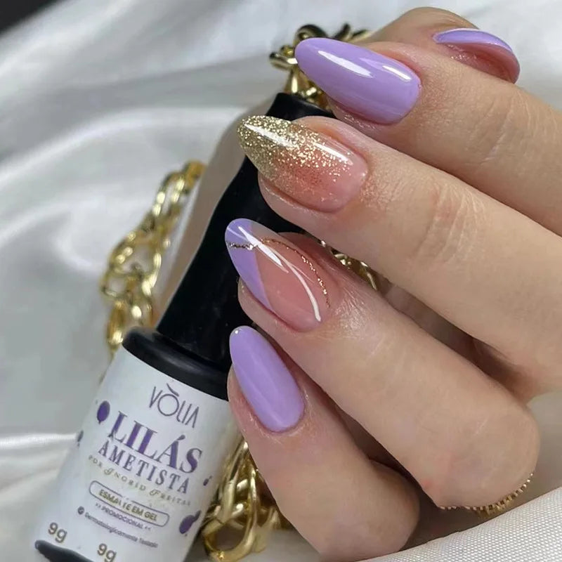 24pcs Nude Color Almond False Nails Shiny Powder Design Tips Short Oval Fake Nail Simple Detachable Press on Nails Finished Sets