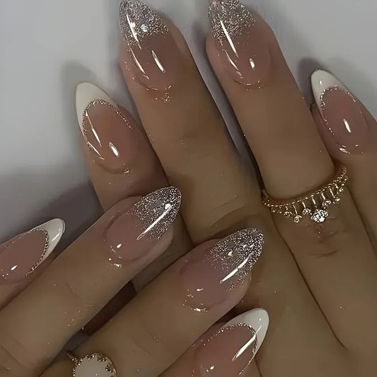 24 Pieces Of Medium-Sized Almond-Shaped Press-On Nail Tips In Nude Color With A Gradient Of Glittering Pink Spots