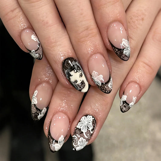 24pcs Gothic Style Almond False Nail White Flower Black Lace Butterfly French Style Press On Nails Spicy Girl Wearable Fake Nail