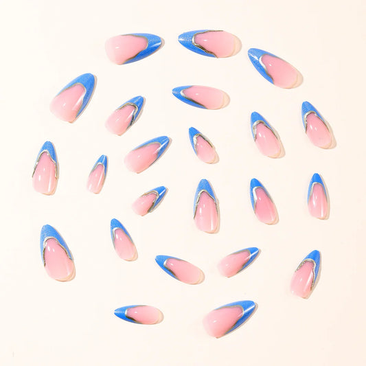 24pcs Blue Cat's Eye French Style False Nails Irregular Gold Stripes Designs Fake Nails Simple Almond Press On Nails For Women