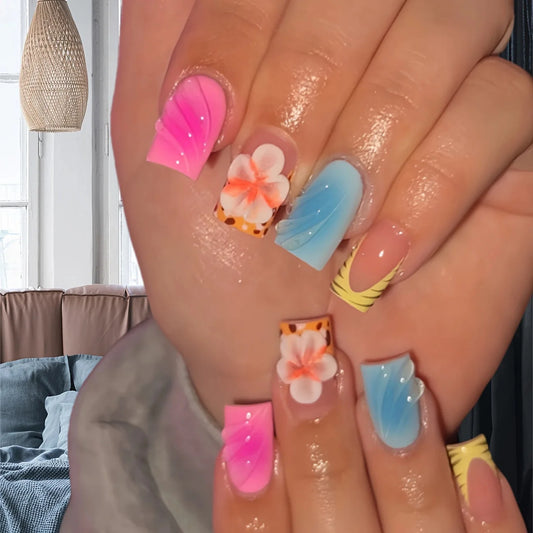 24pcs Short Square Head False Nails Blush Pink Blue Stereo Flower Spring Wearable Press On Nails Leopard Print French Fake Nail