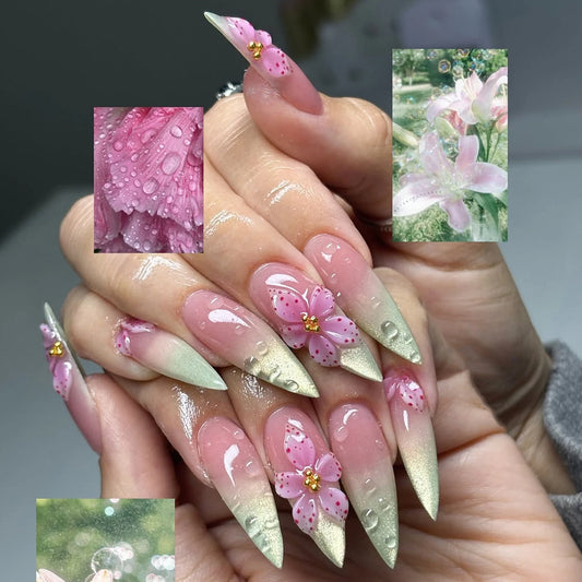 3D Sakura French Ombre Cat-Eye Fake Nails 24 Pieces Elegant Design for Daily Use