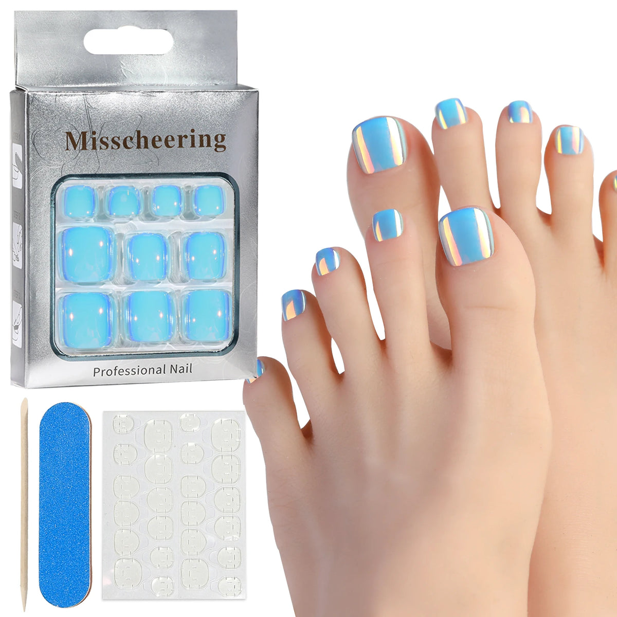 24pcs Glitter Fake Toenails With Glue French Line Glitter False Toe Nails Art Detachable Press On Toenails Acrylic Nails Tips