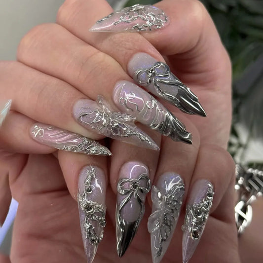 24pcs Y2k 3D Sliver Bow Decor Press on Nails Glossy Long Almond Colorful Aurora False Nails Women Wearable French Fake Nail Tips