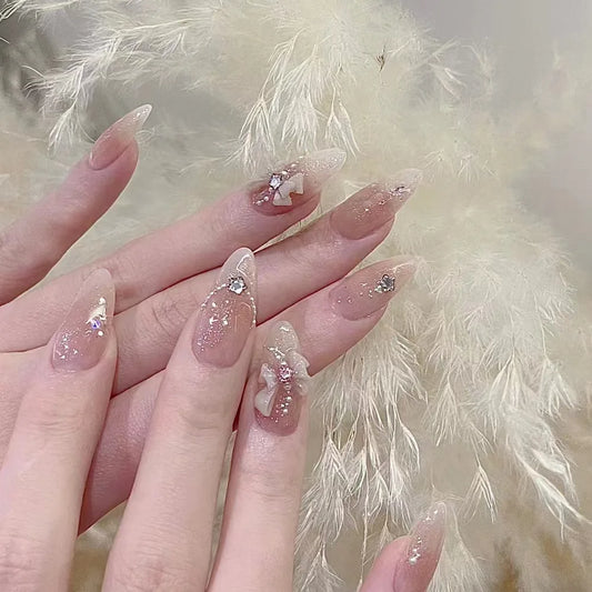 30pcs Shiny Powder False Nails Sweet Korean Bow Rhinestone Decor Press on Nails Full Cover Wearable Acrylic Nails Patch for Lady