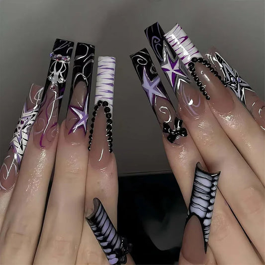 24Pcs Long Square Head False Nails Black French Bow Full Cover Fake Nail Tip Irregular Stripe Rhinestone Reusable Press on Nails