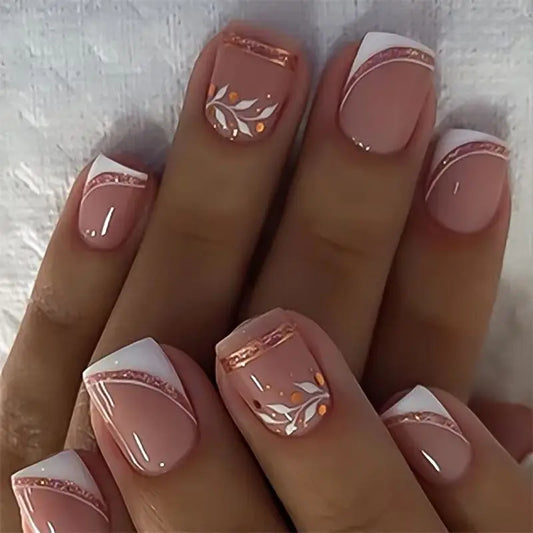 24Pcs Short Square Ballet Fake Nails Pink Color Leaves Nail Art Glitter French Removable Wearable Nail Tips Full Cover Press On