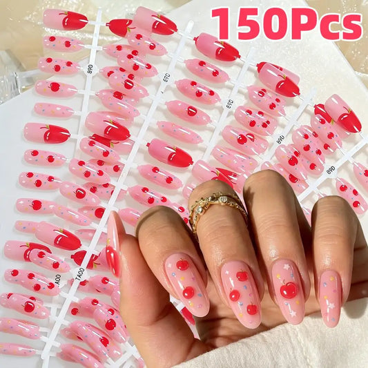 150Pcs Ombre Pink Apple Soft Gel Fake Nail Tips Star Polka Dot Print Almond Press On Nails Summer Fruit Theme False Fingernails
