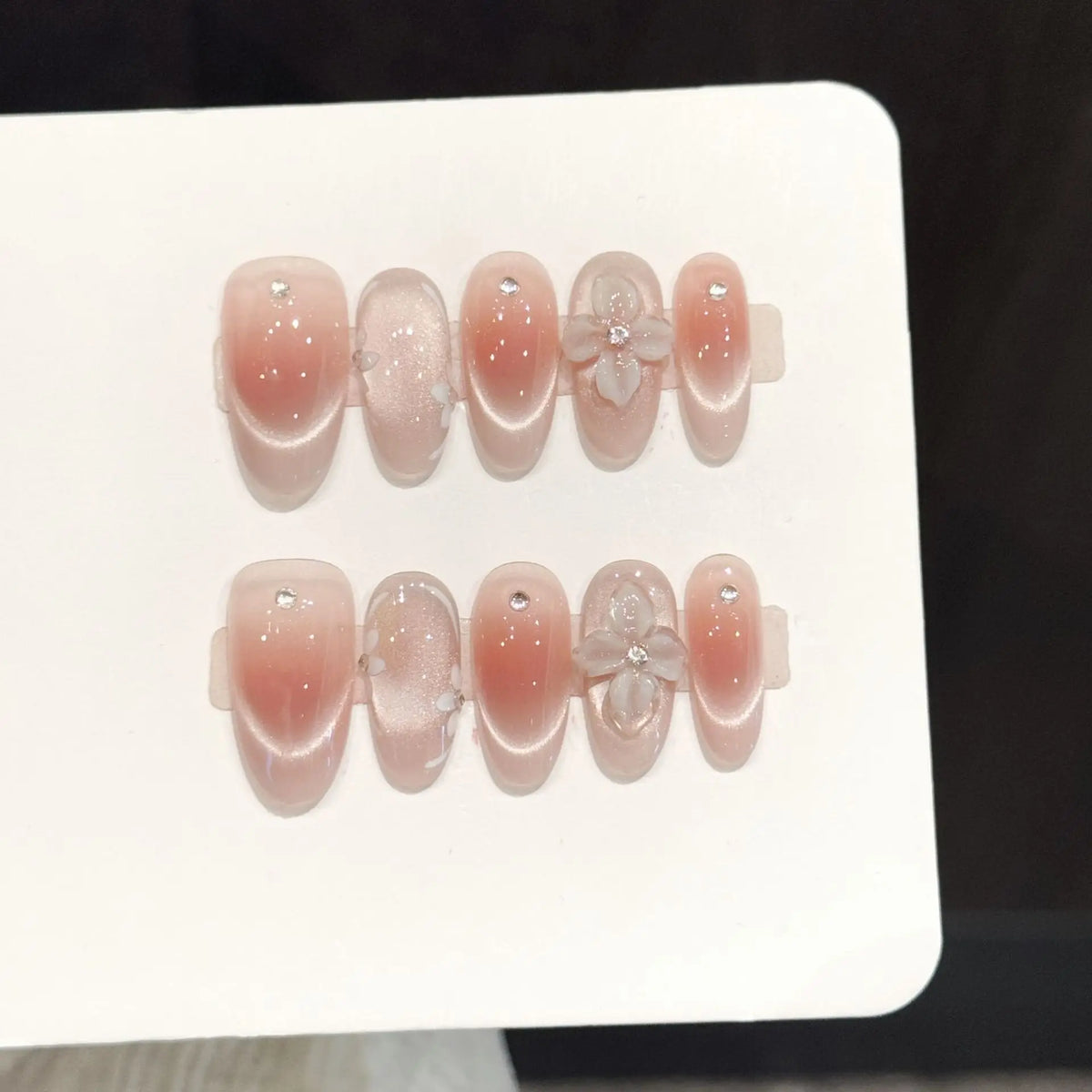 10pcs Handmade Press On Nails Ice Transparent French Style Blush Cat's Eye False Nails 3D Relief Flower Decor Sweet Fake Nail