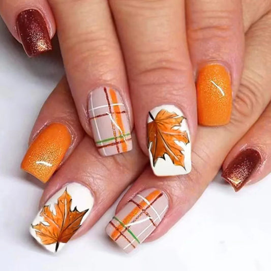 24pcs Wearable False Nails Sets Leaves Line Design Short Square Fake Nail Art Glitter Orange Full Cover Nail Tips Press on Nails