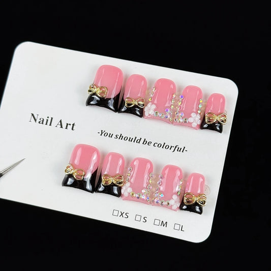 10pcs high-end Sweet and cool style, hand-painted three-dimensional golden bow, glittering with diamonds handmade fake nails