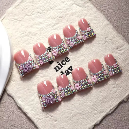 10pcs high-end Sweet and cool style, hand-painted three-dimensional carving, dazzling diamonds all over handmade French Tip Nail