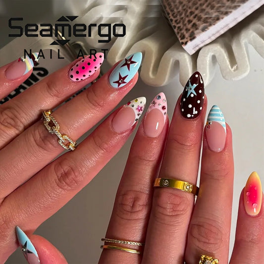 24PCS Almond Press on Nails Y2K False Nails with Star Polka Dot Striped and Gradient Design Fake Nails with Rhinestone for Women