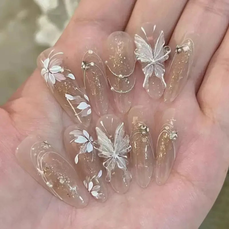24Pcs Light Blue Smudge Fake Nails Press on Almond Gold Leaf Removable Long Full Cover Nail Tips Wearable Finished Nail Art