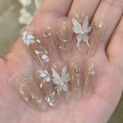 24Pcs Light Blue Smudge Fake Nails Press on Almond Gold Leaf Removable Long Full Cover Nail Tips Wearable Finished Nail Art