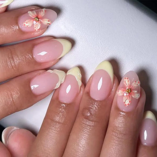 24Pcs Short Almond Detachable Fake Nails Press on Milk Yellow French Design Full Cover False Nails with 3D Flower Manicure Tips