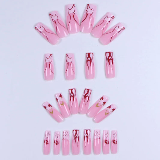 24pcs Medium Square Red France Full Cover Fake Nail Set - Short Coffin Press On Nails Love Design For Girl Mother Women Gift