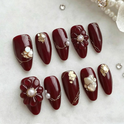 24Pcs Mid-length Almond Press on Fake Nails with Insect Flower Button Design Full Cover Nails Tips Reusable Finished False Nails