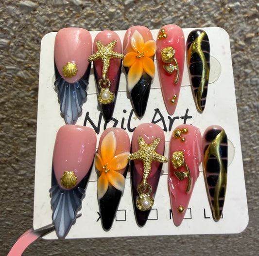 10Pcs Summer Beach Vacation Nail Art French Wine Red Gradient False Nails Long Almond Golden Rose Starfish Design Press on Nails