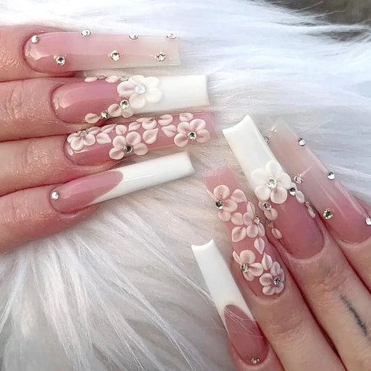 24Pcs 3D Flower White Edge French False Nails Long Ballet Press on Fake Nails with Rhinestone Reusable Full Cover Nails Tips Art