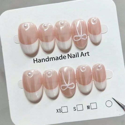 10pcs Aurora Nude Pink Pearl French dress nail Elegant ballet style sweet girl bow nail short