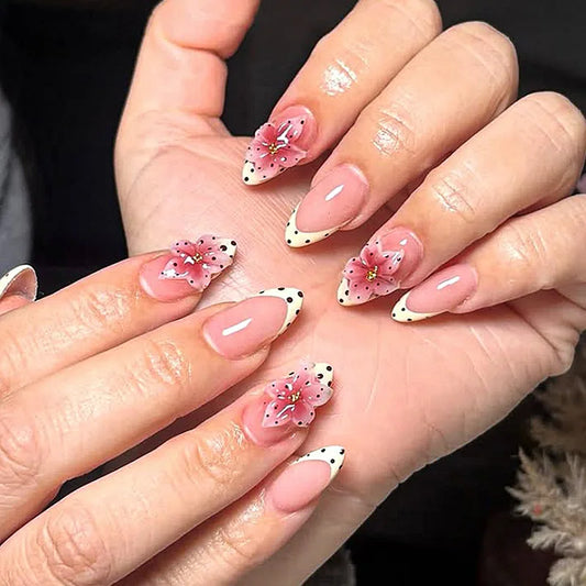 24Pcs Nude Pink French Press on Nails with Polka Dot 3D Flower Fake Nails Almond Wearable Artificial Full Cover False Nails Tips