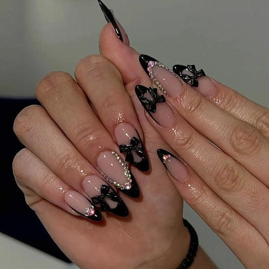 24pcs Press on Nails Almond Black French Fake Nail Tips with Diamond Bow Design False Nail Wearable for Woman ＆girls Manicure