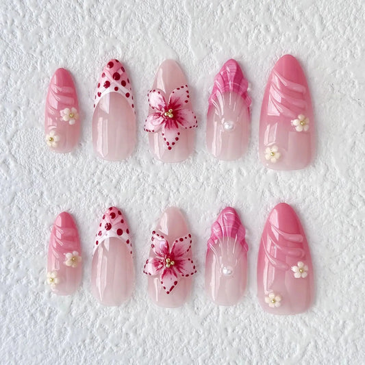 10Pcs Pink Gradient Handmade New Fake Nails Wearable Full Cover 3D Flowers Almond Nail Tips Set Detachable French Acrylic Nails