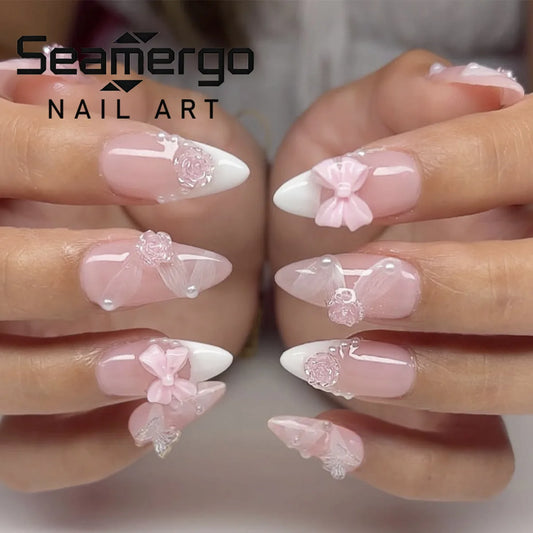 24PCS Nude Pink Almond Press on Nails Rose Bow Design Pearl White French Acrylic False Nails Sweet Reusable Manicure for Women