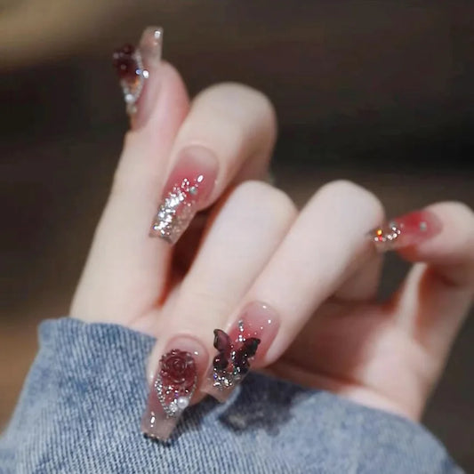 24pcs Finished False Nail Sets Pink Long Ballet Nails Tips Butterfly Flower Design Press on Nails Wearable Rhinestone Manicure