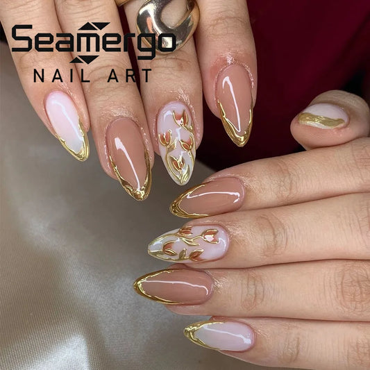 24PCS 3D Gilt Almond Shape Gilded Floral Press on Nails High End Embossed Light Luxury Sweet Cool Manicure Full Cover Nail Tips
