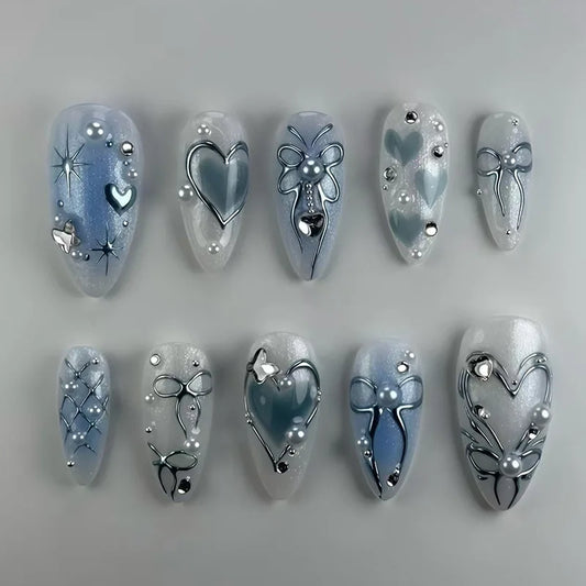 24pcs Y2k Almond Fake Nail Patches Dream Blue Love Heart Silver Bowknots Butterfly Design Press On Nail Flash Diamond False Nail