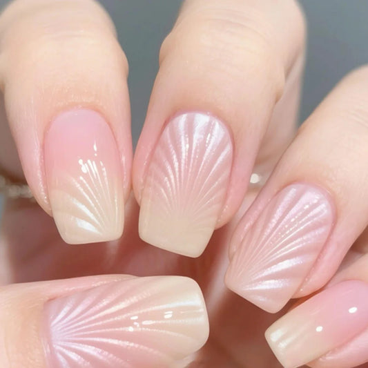 24pcs Gradient Nude Pink False Nails Tips Simple Short Square Press on Nails Seashell Design Ballet Wearable Fake Nail Manicure