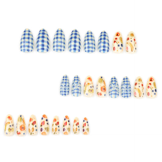 24pcs Creative Short Almond False Nails Various Summer Fruit Blue Plaid Pattern Press On Nails Ins Korean Style Fake Nail Tips