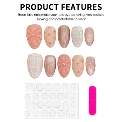 10pcs Handmade Almond Press On Nails Sweet Pink 3D Flower Cat's Eye False Nails Simple Daily Korean Style Fake Nail Manicure Art