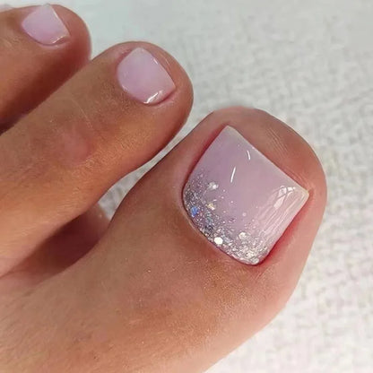 24pcs Simple French Fake Toenails White Edge Pink Short Square Toe Nails Full Cover Foot Nails Tips for Women Girls