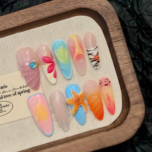 10PCS Handmade Pressed Long Pointed Nails Art, Island Holiday Style, Three-Dimensional Starfish Shell Flowers, Idea For Women.