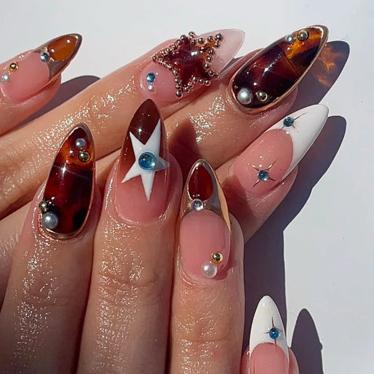 24pcs Pearl Stick on Nail Tips Brown Long Almond False Nail Rhinestone Star Pattern Design Fake Nails Sets French Press on Nails