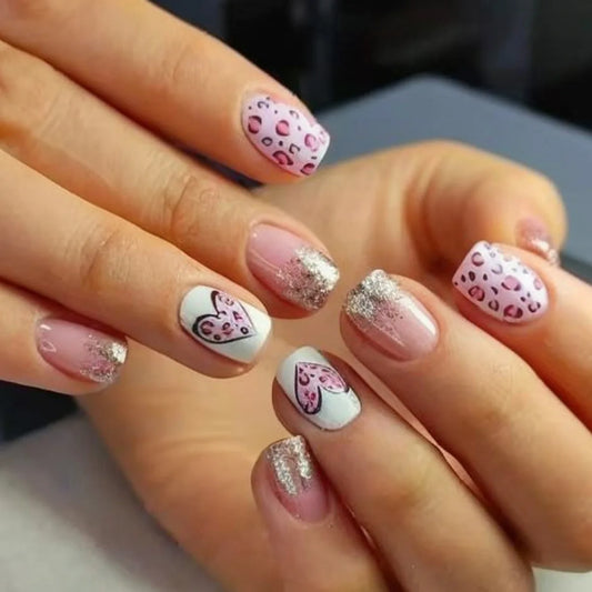 24Pcs Pink Brown White Polka Dot French Fake Nails 3D Flower Reusable False Nails Press on Short Square Head Full Cover Nail Tip
