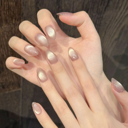 10pcs Handmade Press On Nails Solid Color Glossy Glass Beads Cat's Eye False Nails Full Cover Short Almond Fake Nail For Women