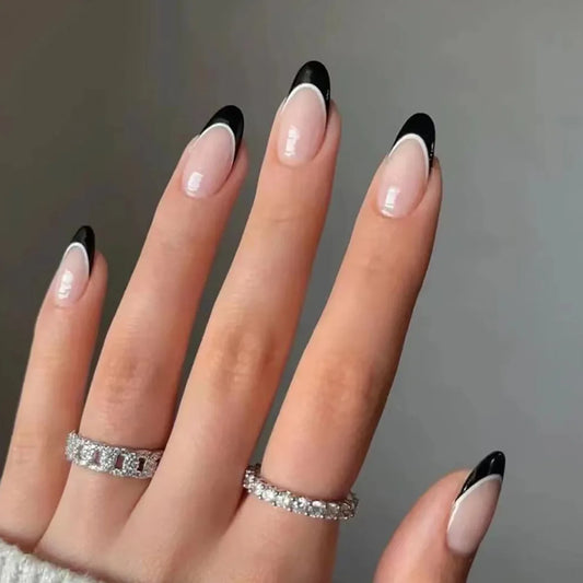 24Pcs Simple Black White Line French Press on Fake Nails Mid-length Round Head Full Cover Nail Tip Wearable Finished False Nails