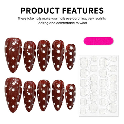 10pcs Autumn Winter Handmade Fake Nails Nude Brown Almond Simple False Nails White Wave Point Designs Daily Press On Nails
