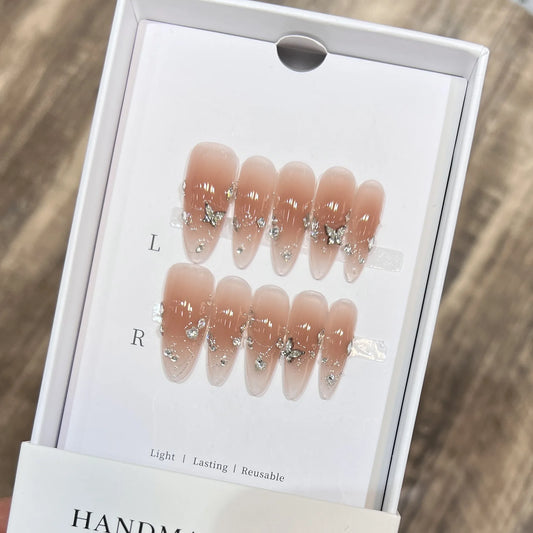 10Pcs Long Almond Nude Color Press on Nails Full Cover Rhinestone Glittering Butterfly Nail Art Summer Fashion Sweet Nails Set