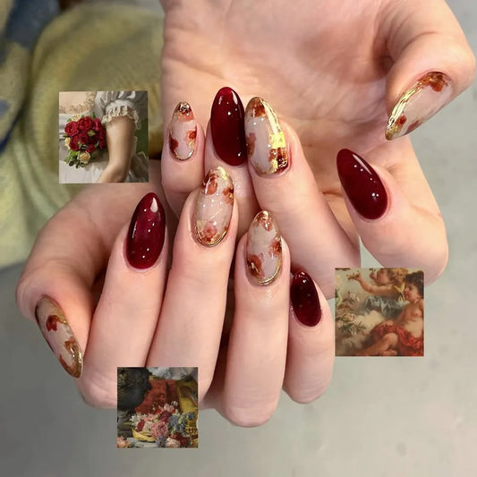 24pcs Wine Red Almond False Nails Art Smudge Flower Design Short Press on Nails Tips Wearable Golden Lines Fake Nail Finished