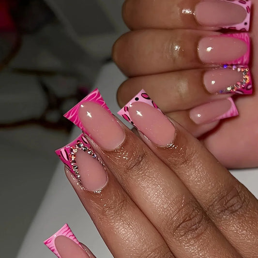 Duckbill shaped Fake Nails Pink Leopard print False Nails Full Cover Press on Nail Tips Spice Girls Sweet French Press on Nails