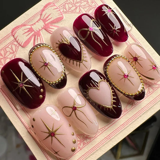 24pcs Red Press on Nails Glitter Powder Bow False Nail with Ins Starlight Rhinestone Design Oval Almond Fake Nail Wearable Nails