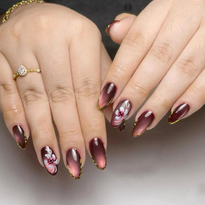 24pcs Almond False Nails Spring Summer Stick on Purple Cat's Eye Press on Nails Oval Fake Nail Flower Gold Leaf Design Manicure