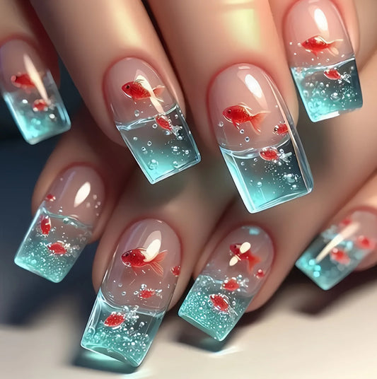 24pcs Long Ballet Press on Nails Summer Goldfish Ocean Pattern Fake Nails European Fashion False Nails for Women Girl Wearable